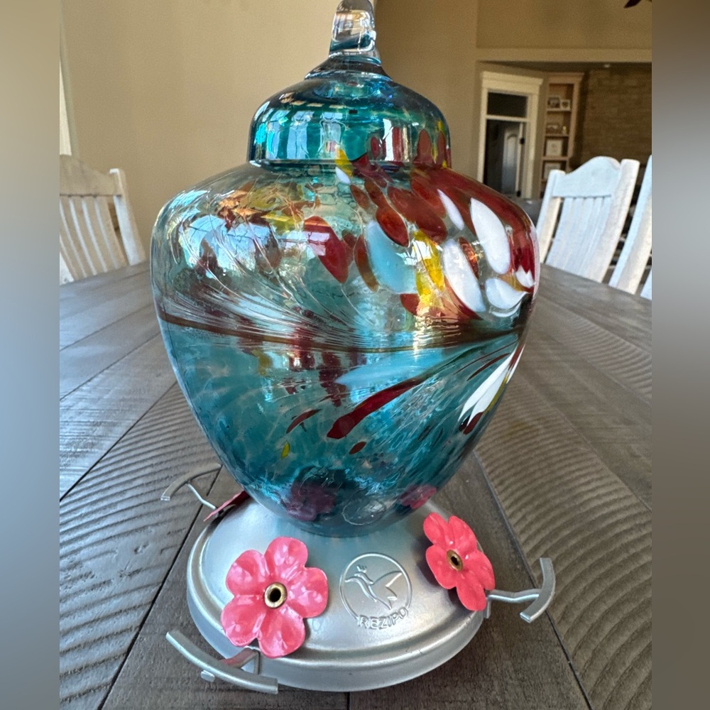 Handcrafted Hummingbird Feeder with Perch - Hand Blown Glass